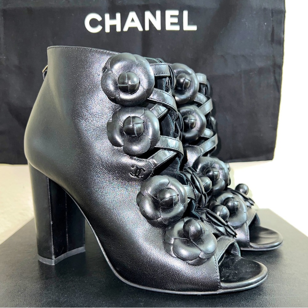 Chanel Lambskin Black Camellia Floral Leather Ankle Dressy Heel Boots Size 6.5US